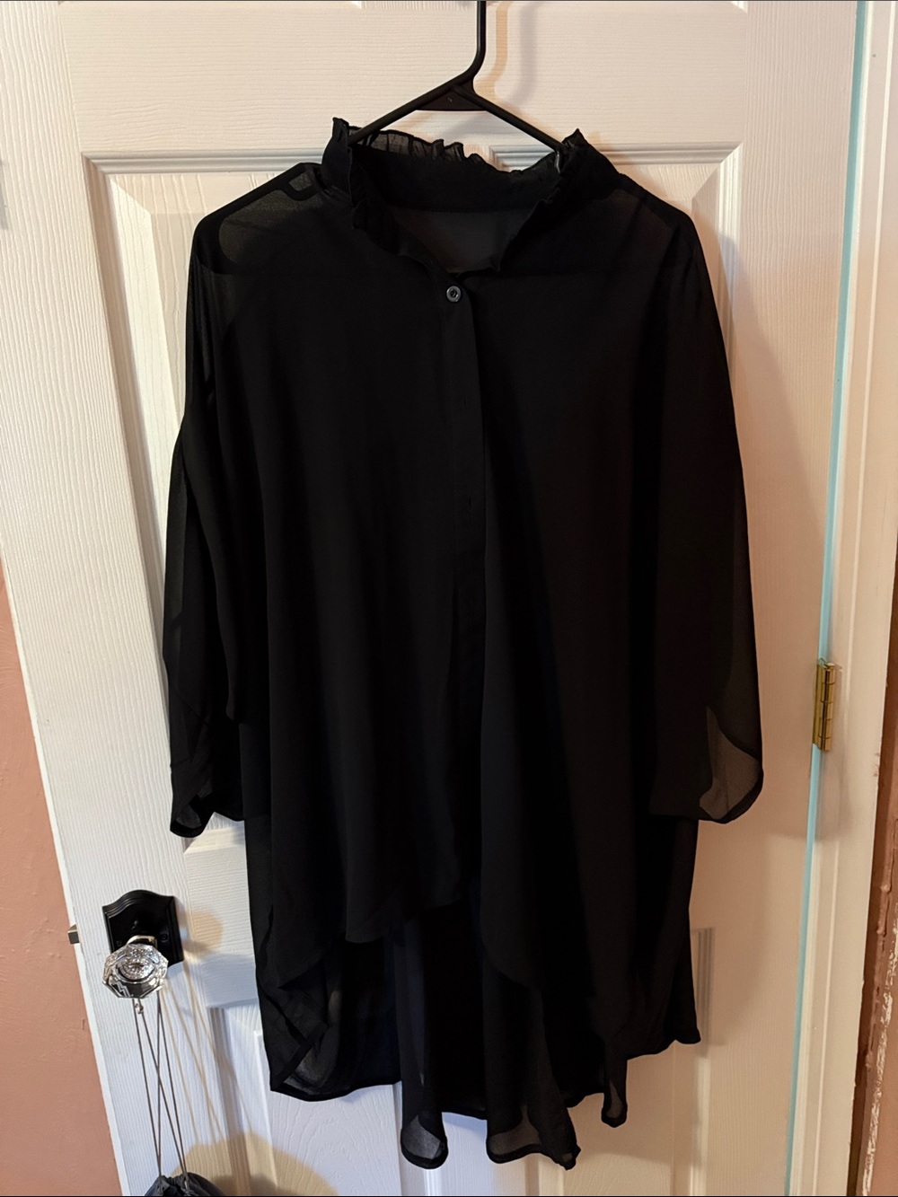 SHEIN Black Sheer Ruffle Collar Button-Front Blouse